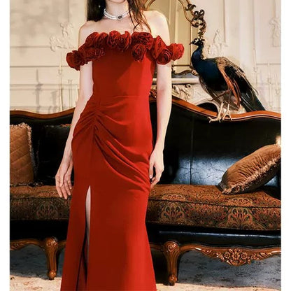 Red Rose Embroidered Mermaid Gown Prom Dress