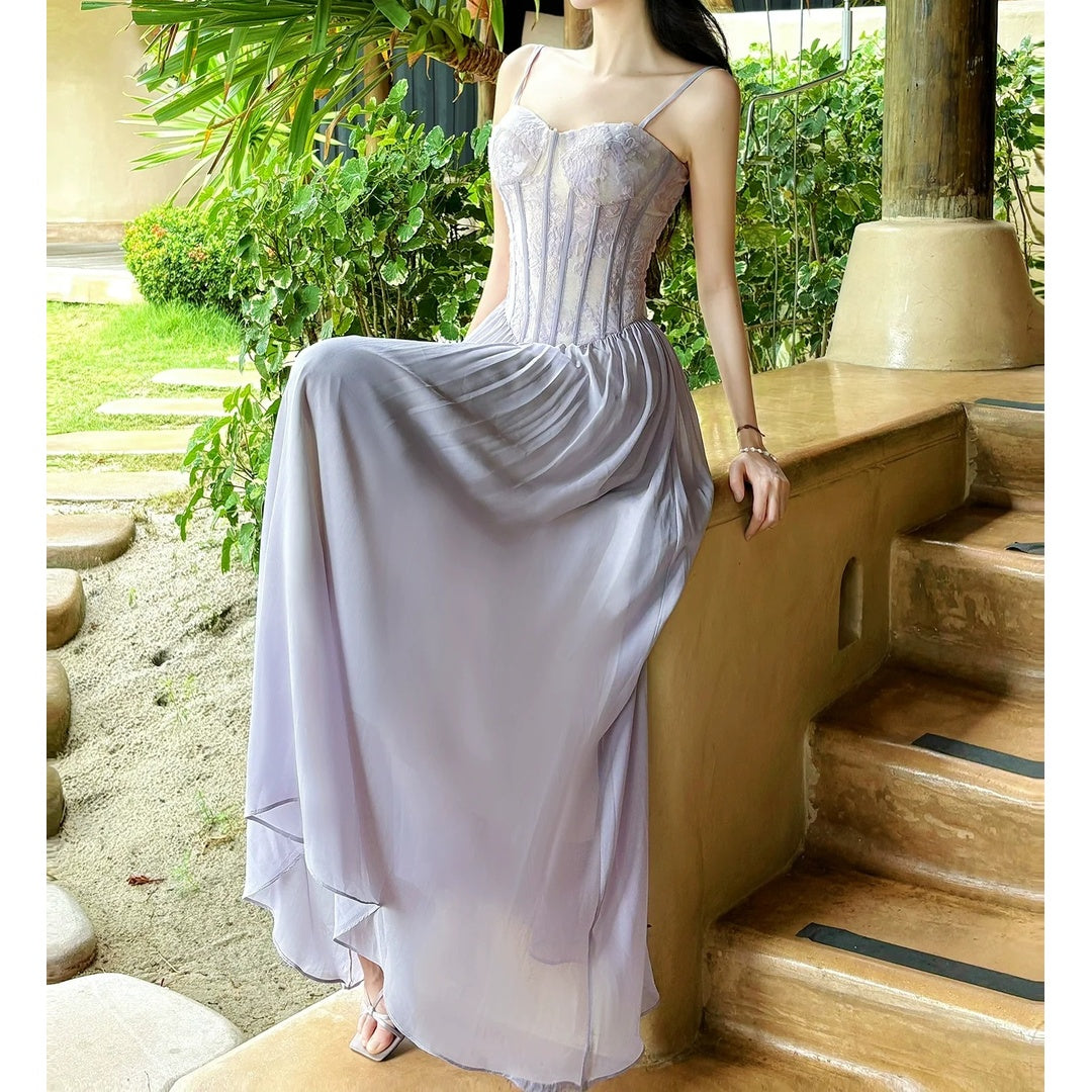 French Lace Mermaid Purple Tulle Waist Gown Dress