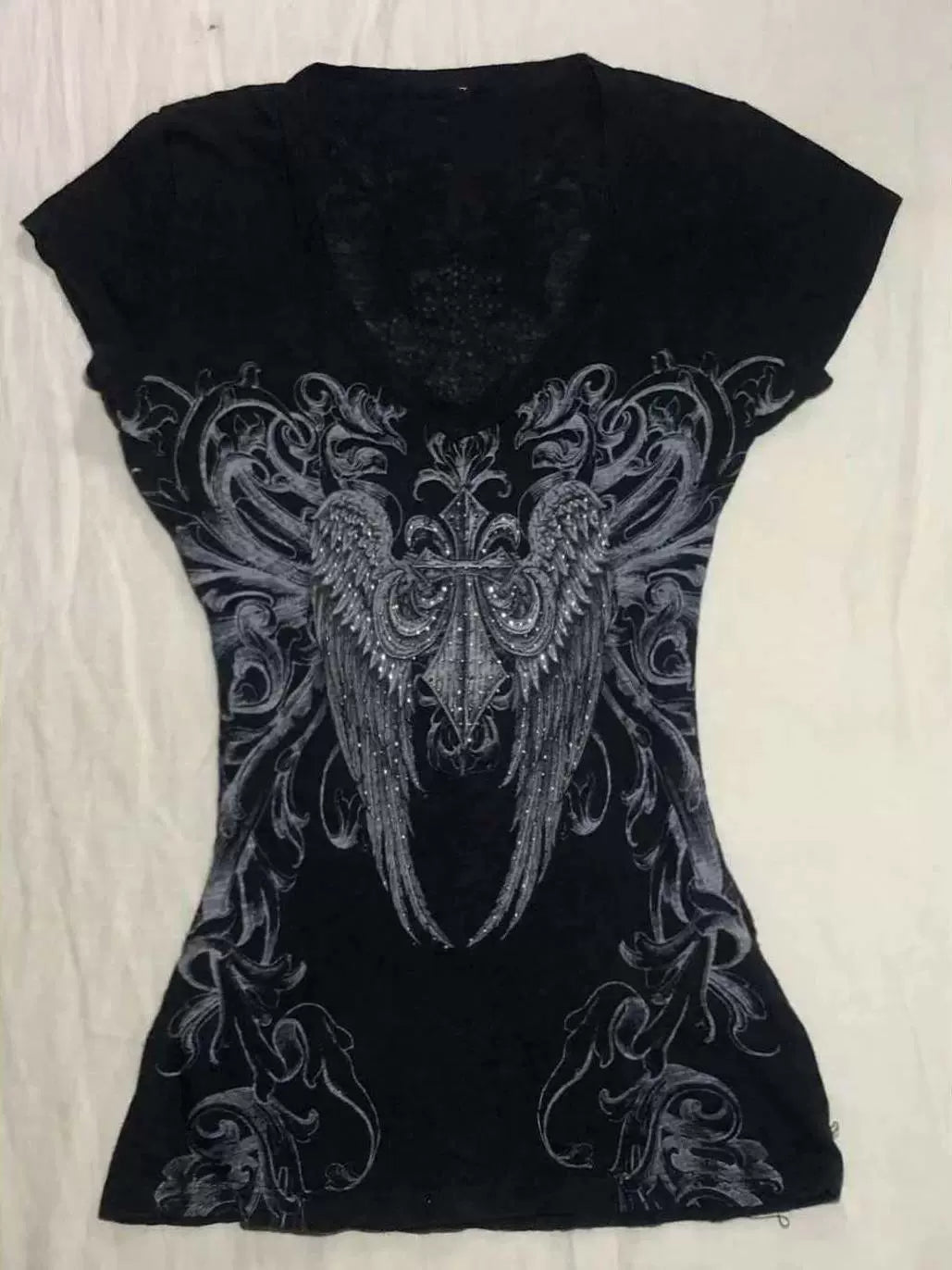 Black Rhinestone V-Neck Tee Y2K Top