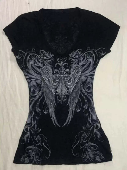 Black Rhinestone V-Neck Tee Y2K Top