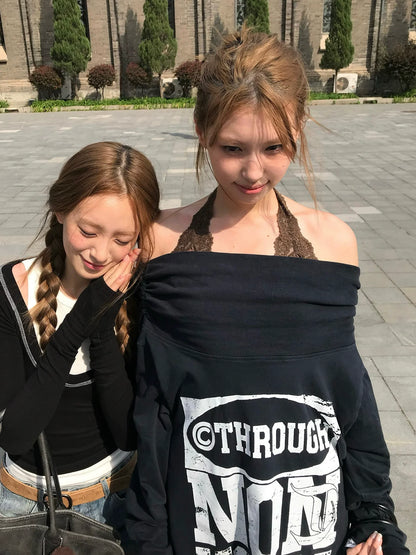 American Hot Girl Off-Shoulder Long Sleeve Tee  Rhinestone Print Lazy Chic Top