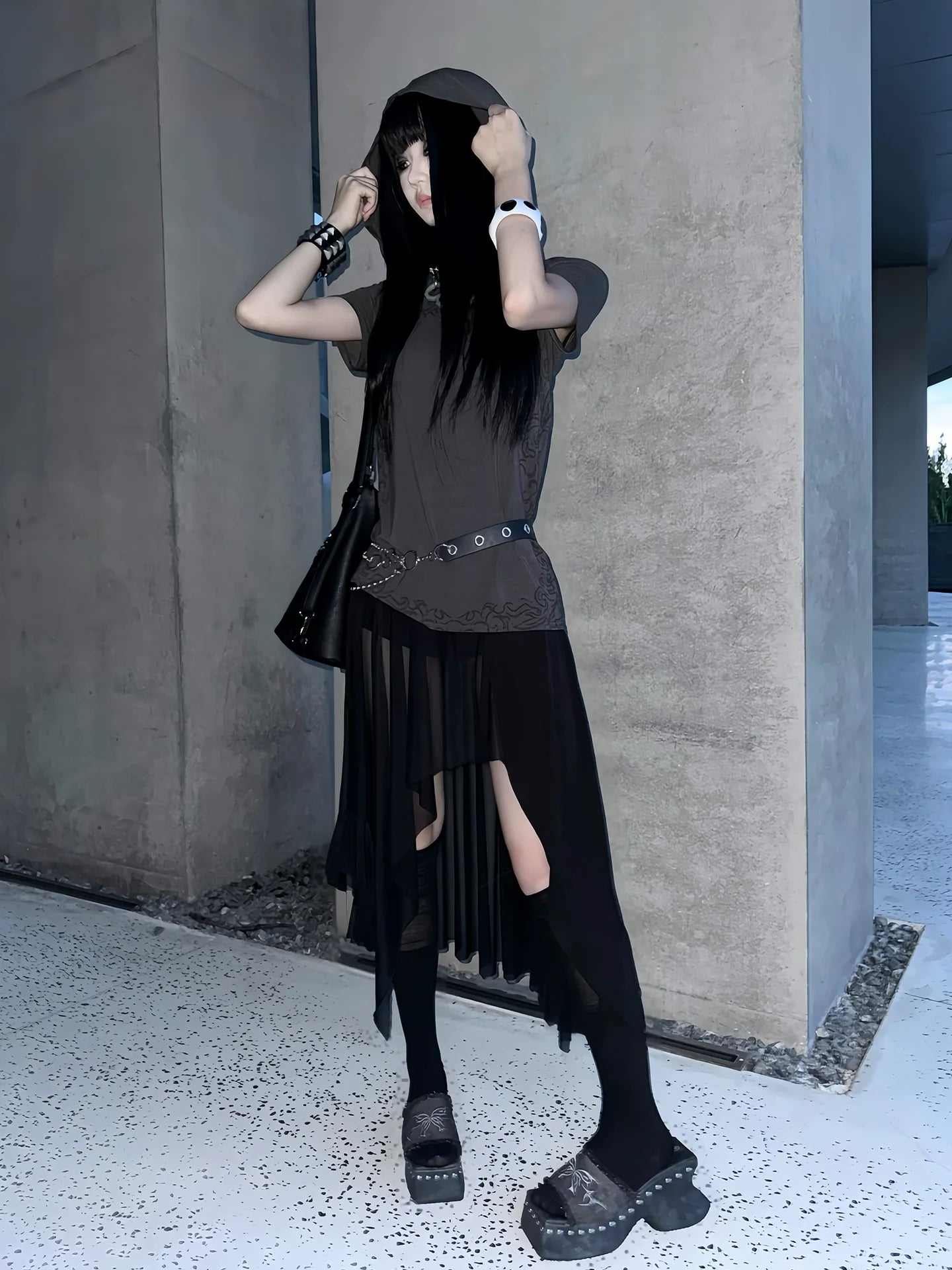 Punk Visual Kei Short Sleeve Hoodie Sketch Print Shoulder T Shirt