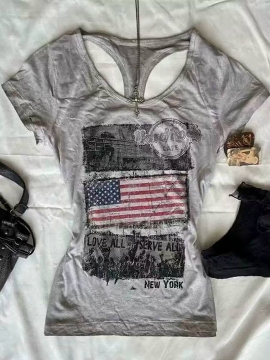 Gray Subculture Punk Y2K Abi E-girl American Retro Cutout Open-Back Print Short Sleeve Top