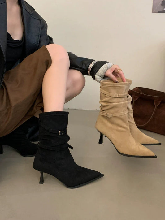 Fall Winter New French Retro Pointed Toe Thin Heel Ankle Boots Suede Slouchy Chunky Heel Western Boots