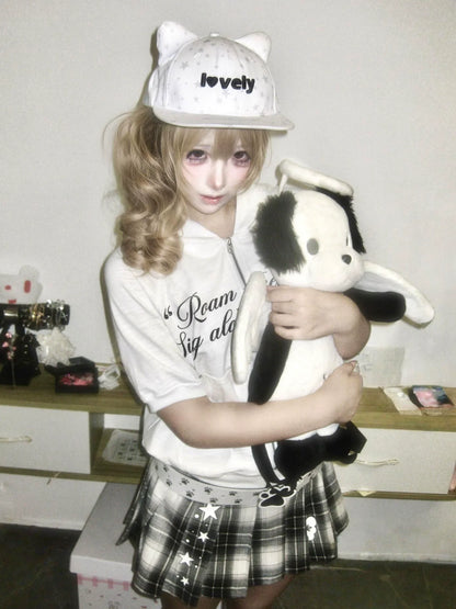 Y2K Light Subculture Hooded Short Sleeve Cardigan Vintage Print Layered Top