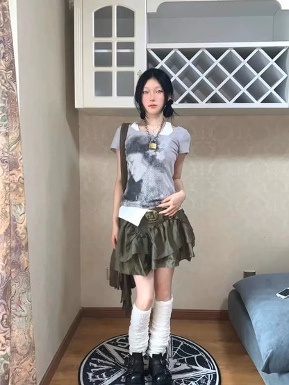 Portrait Print Punk Y2K E-girl Retro Fake Two-Piece Slim-Fit Short Sleeve Top