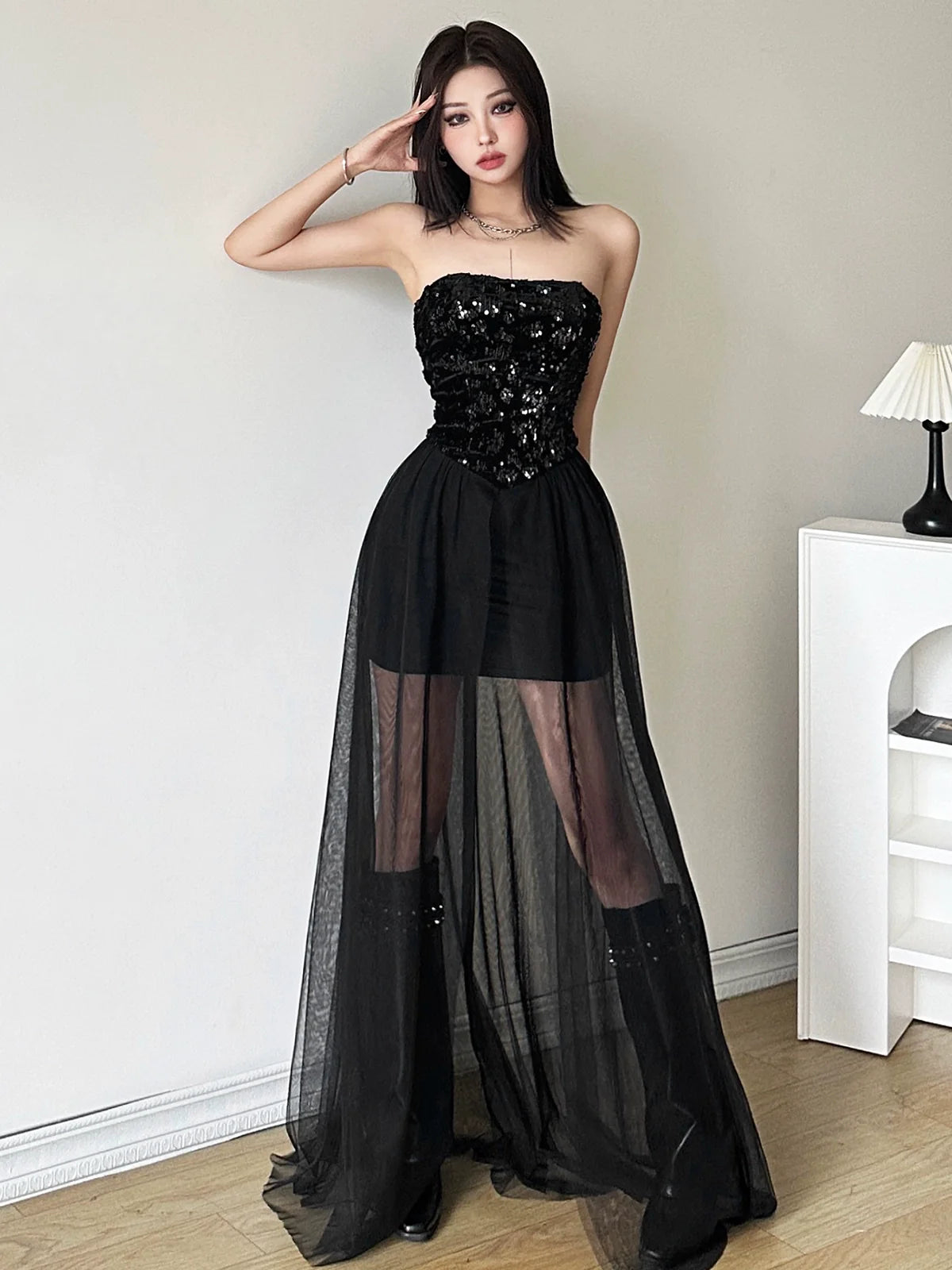 Luxurious Sequin Tube Top Mesh-Paneled Midi Dress