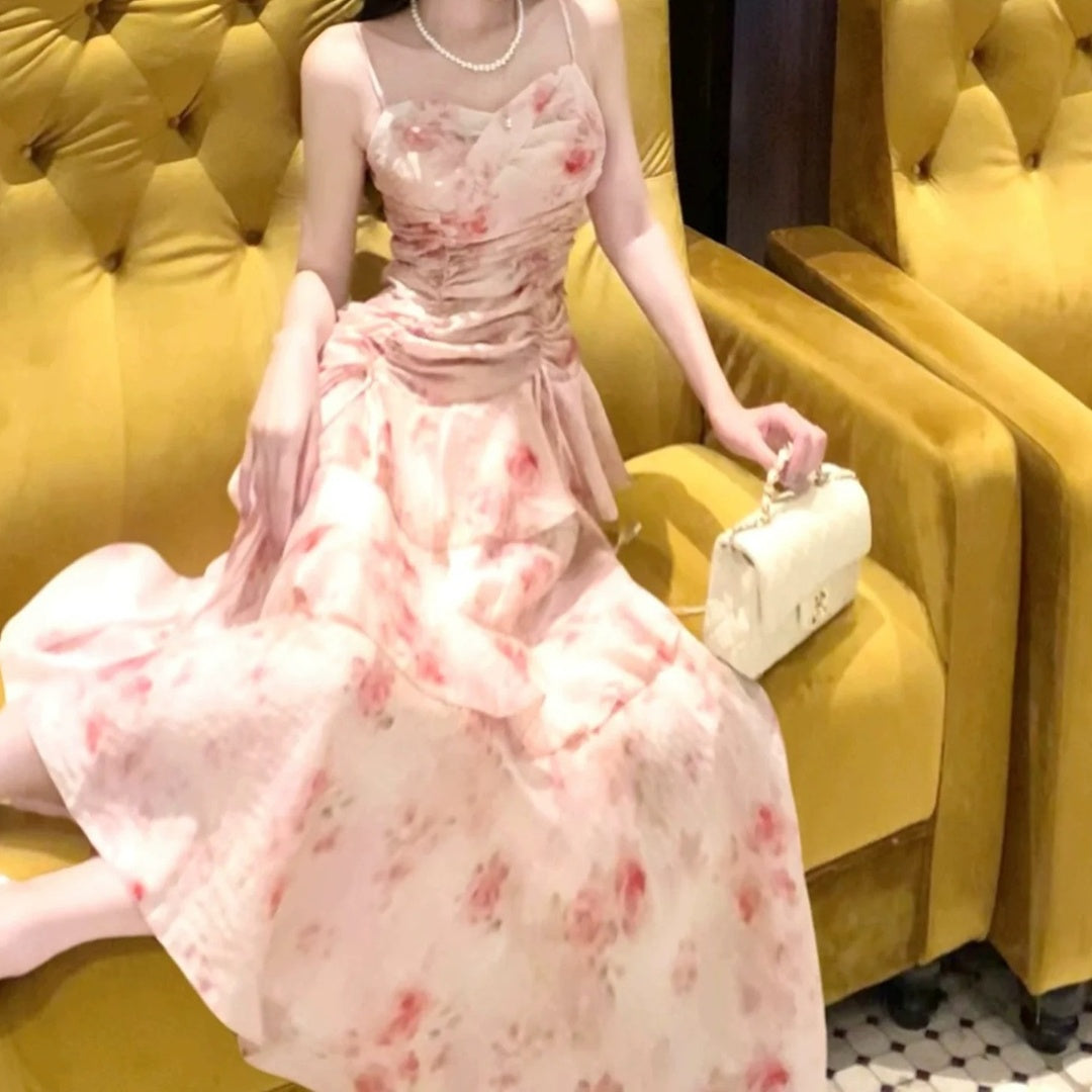 Ruffle Rose Print Spaghetti Strap Gown Dress