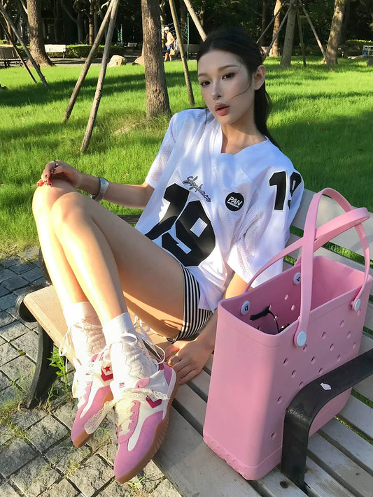 American Retro V-Neck Mesh Jersey Tee Summer Oversized Sporty Top