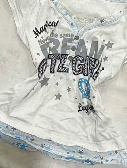 White Fake Two-Piece Subculture Y2K E-girl Shibuya Girl Abi American Retro Star Short Sleeve Top