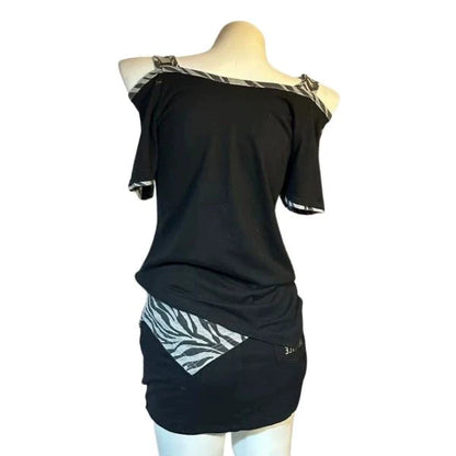 Black Punk American Zebra Print Panel Letter Y2K T-Shirt