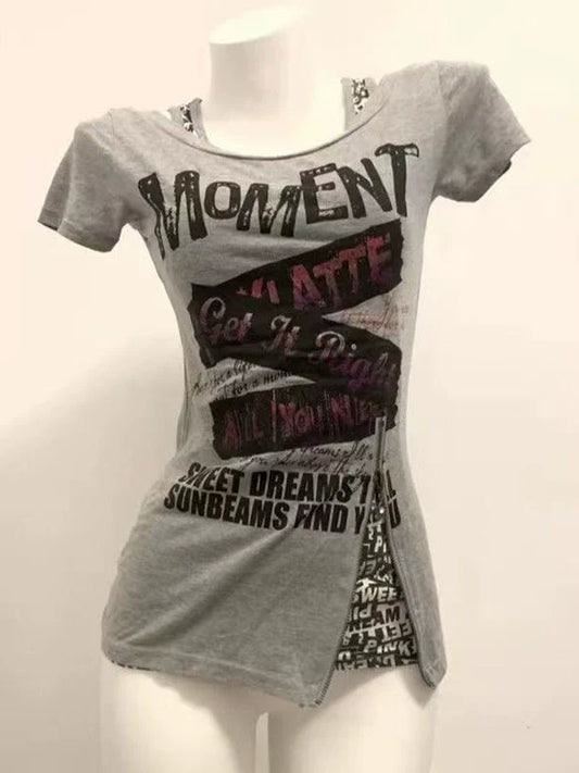 Gray Punk American Vintage Fake Two-Piece Print Y2K T-Shirt