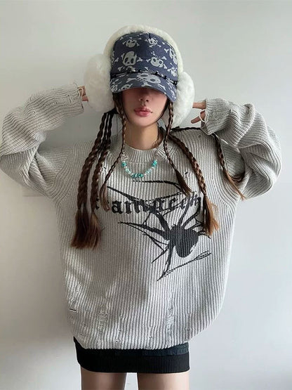 Gray Y2K Punk Light Subculture Retro Distressed Sweater