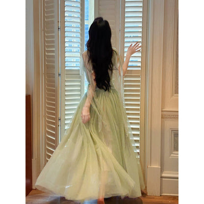 French V-Neck Green Chiffon Resort Gown Dress