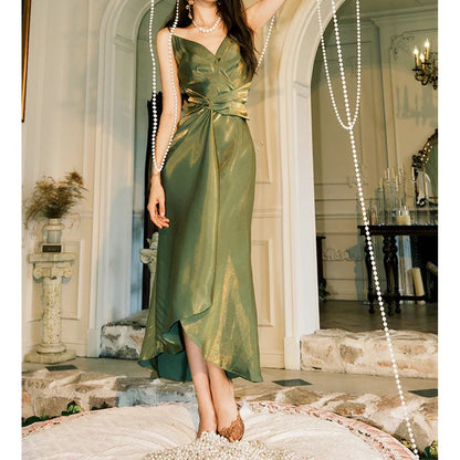 Green Waist-Flattering Spaghetti Gown Dress