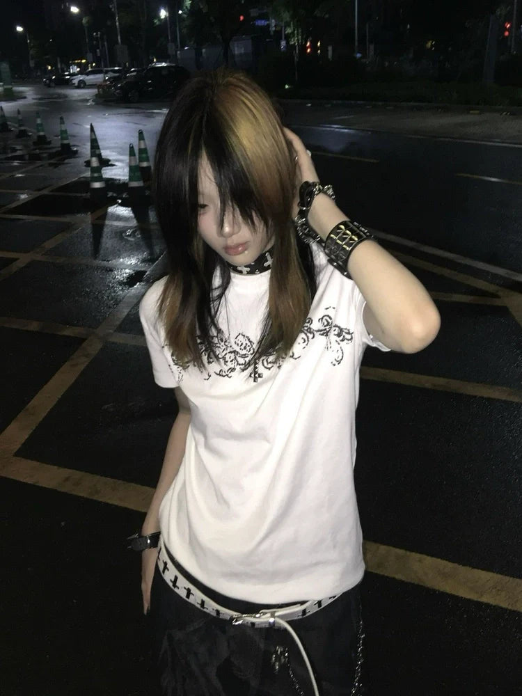 White Graphic Print Y2K T-Shirt