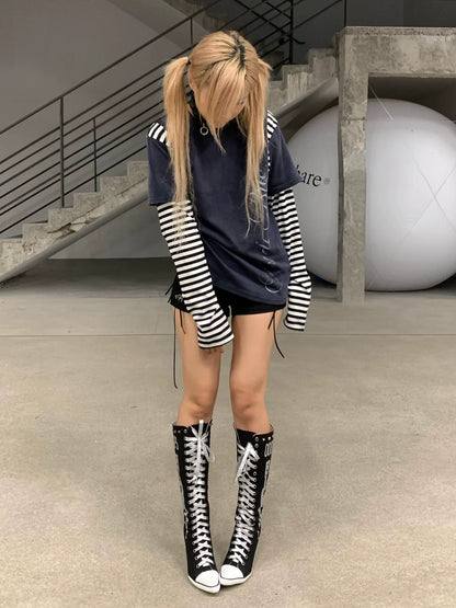 Y2K Striped Colorblock Long Sleeve Layered T Shirt Top