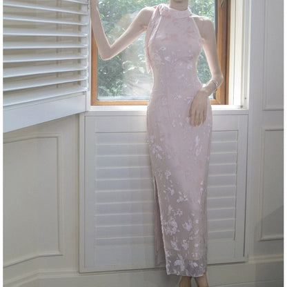 Modern Chinese Pink Jacquard Halter Gown Dress with Slit