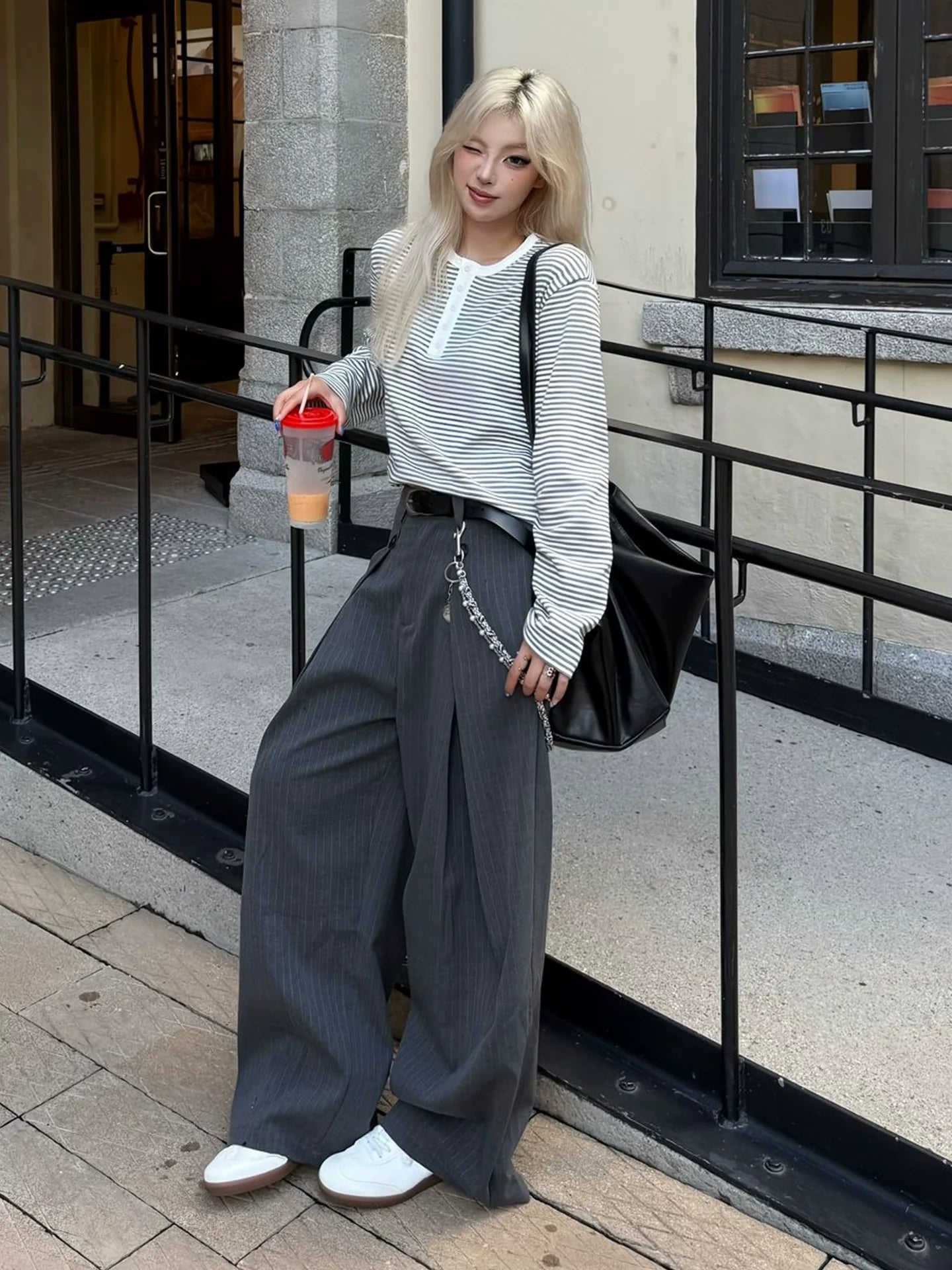 Retro Striped Henley Long Sleeve Top for Early Autumn