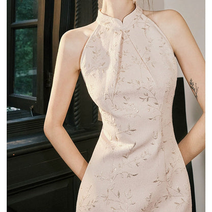 Modern Chinese Pink Jacquard Slit Gown Dress