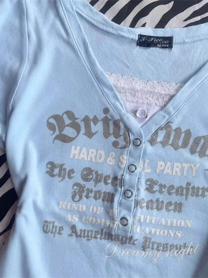 Blue American Vintage V-Neck Lace Letter Button Y2K T-Shirt
