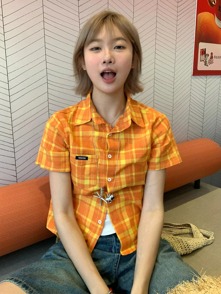 American Plaid Fitted Short Sleeve Shirt Bright-Tone Checkered Cropped Top