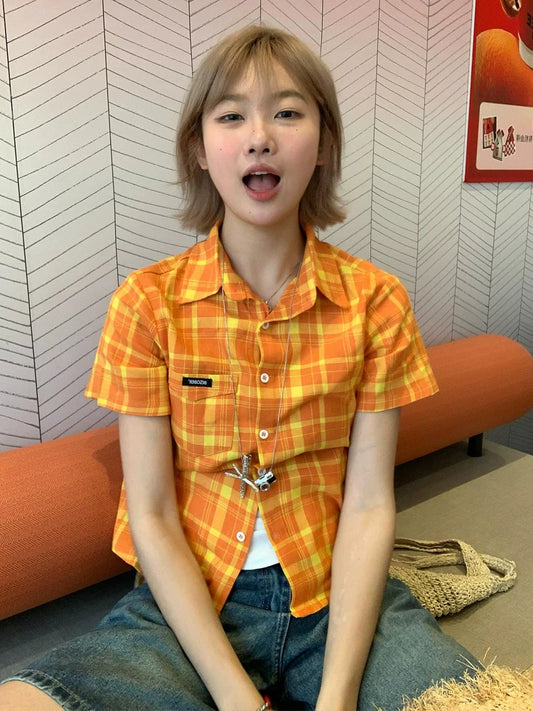 American Plaid Fitted Short Sleeve Shirt Bright-Tone Checkered Cropped Top