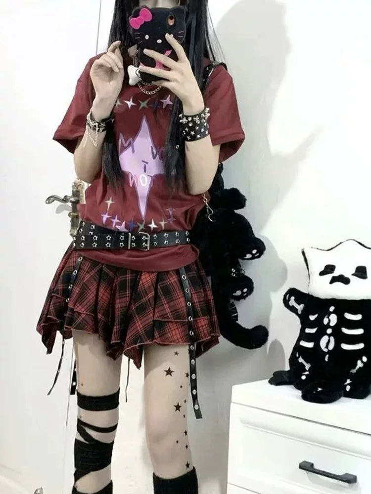 Burgundy Fleur-de-lis Top and Plaid Skirt Y2K Two Pieces Sets