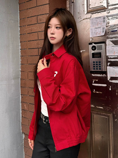 American Red Retro Jacket Autumn-Winter Casual Loose Fit Vintage Collar Top