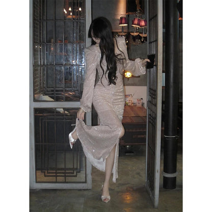 Luxury Embroidered Sequin Mermaid Gown Dress – Long Sleeve Evening Dress