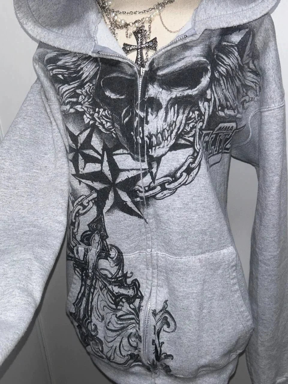 Gray Subculture Gothic Rock Punk Y2K E-girl Vintage Skull-Print Hooded Jacket