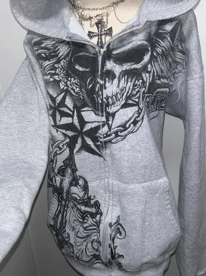 Gray Subculture Gothic Rock Punk Y2K E-girl Vintage Skull-Print Hooded Jacket