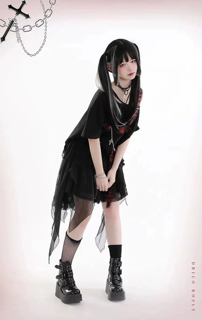 Black Subculture Punk Y2K E-girl Dark-Style Black & Red Cross Off-Shoulder Oversized Short Sleeve Top