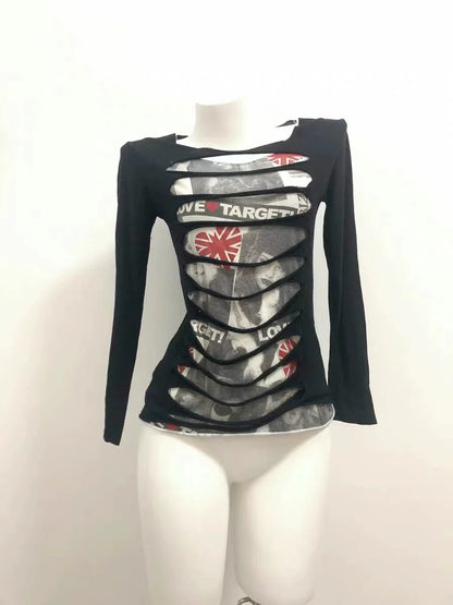Black Subculture Punk Rock Gothic Y2K Vintage Fake Two-Piece Long Sleeve Top