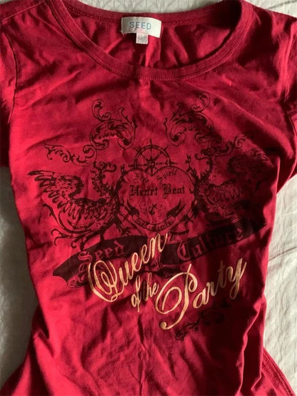 Red American Vintage Print Slim Fit Short Sleeve Y2K T-Shirt