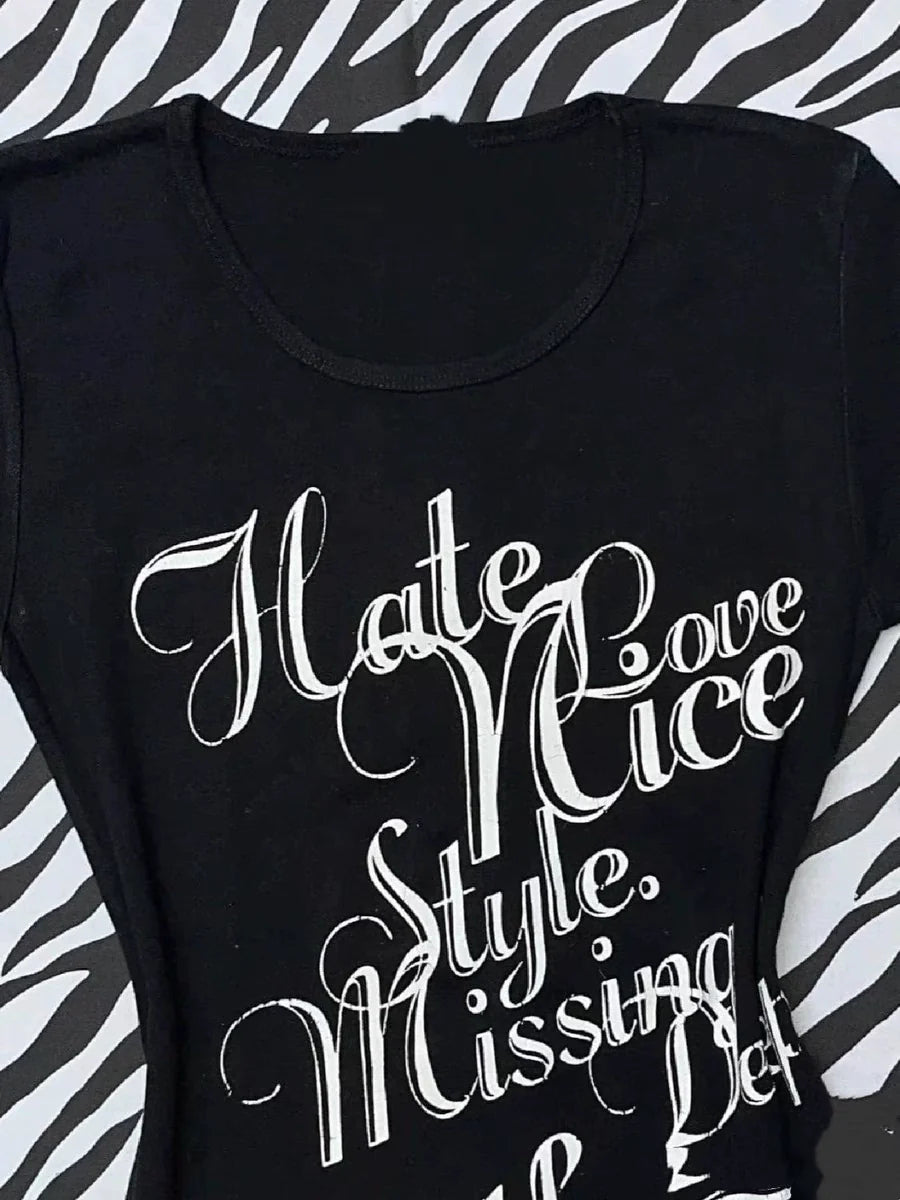 Black Subculture Punk Y2K E-girl Shibuya Girl Abi Vintage Print Slim Light Subculture Short Sleeve Top