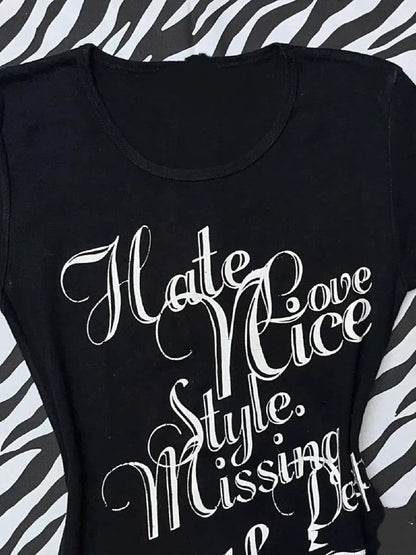 Black Subculture Punk Y2K E-girl Shibuya Girl Abi Vintage Print Slim Light Subculture Short Sleeve Top