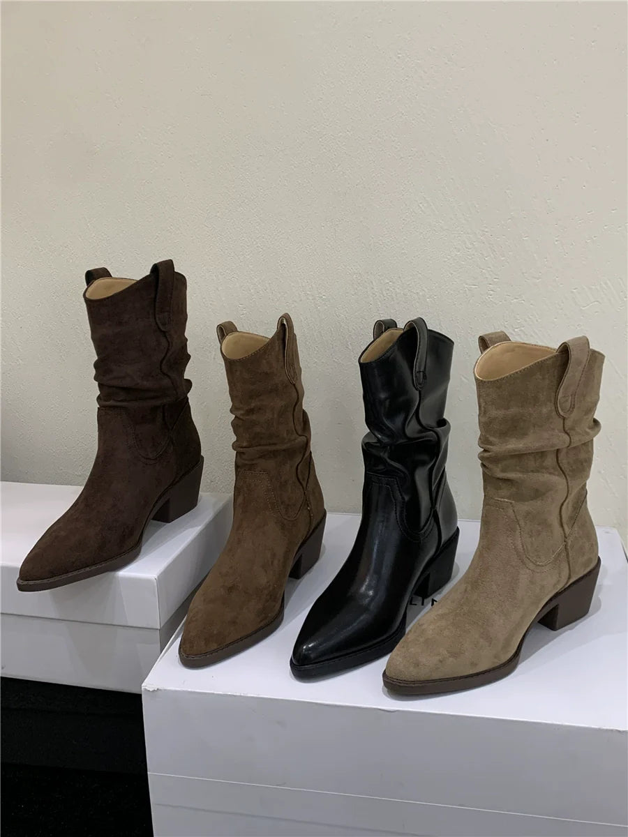 Pointed Toe Fashion Short Boots Women Fall Winter New Slouchy Chunky Heel Elevated Mid Calf Suede Western Boots
