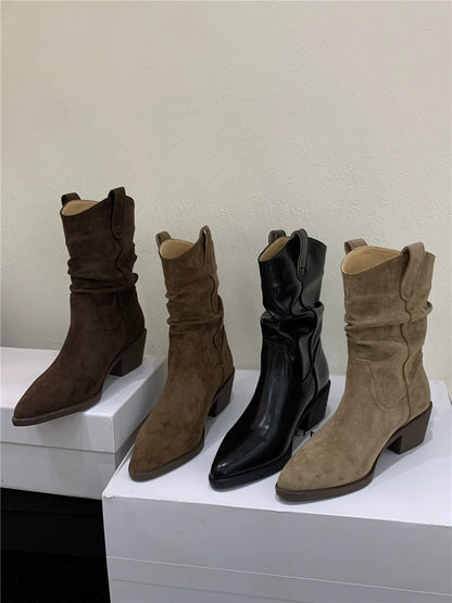 Pointed Toe Fashion Short Boots Women Fall Winter New Slouchy Chunky Heel Elevated Mid Calf Suede Western Boots