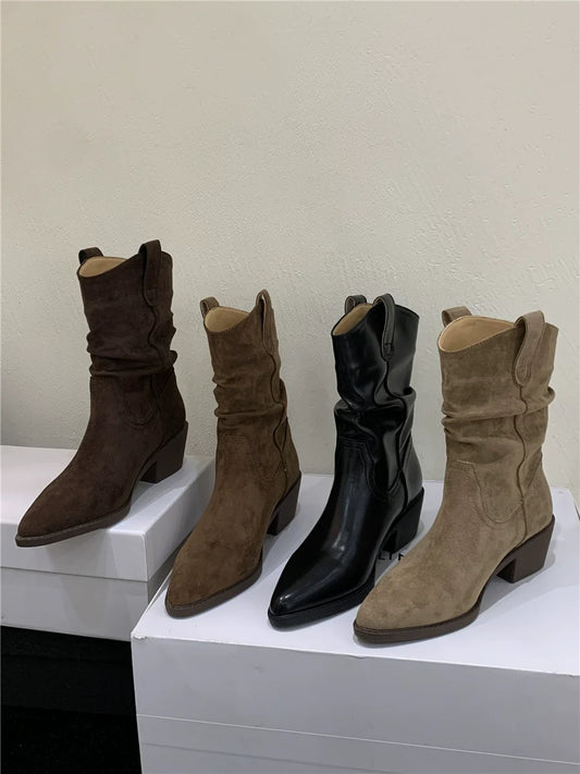 Pointed Toe Fashion Short Boots Women Fall Winter New Slouchy Chunky Heel Elevated Mid Calf Suede Western Boots