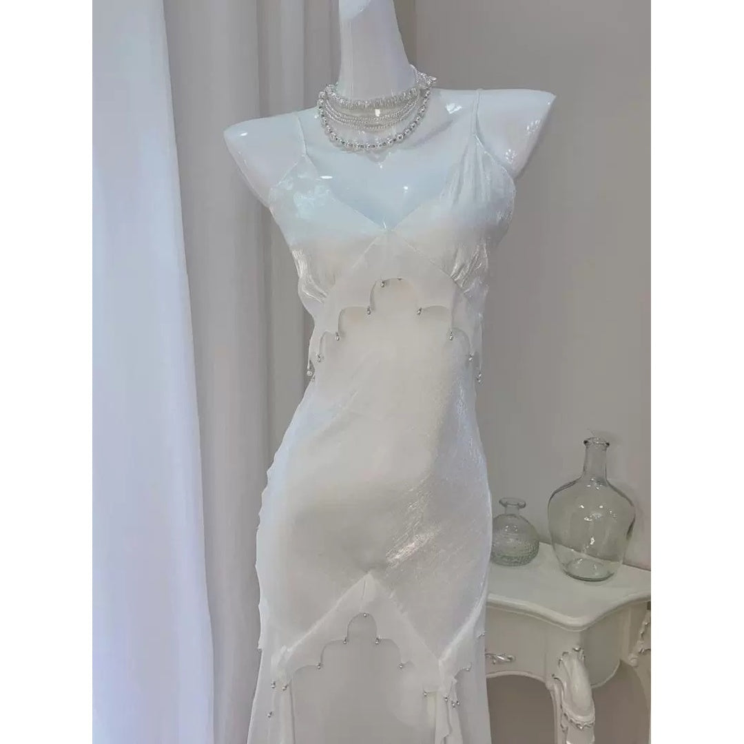 Mermaid White French Luxury Spaghetti Strap Gown Dress