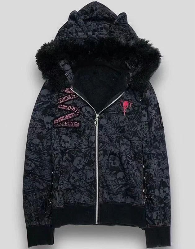 All-Over Skull Print Cat-Ear Hoodie Subculture Gothic Rock Punk Y2K Shibuya Girl Fur-Collar Jacket
