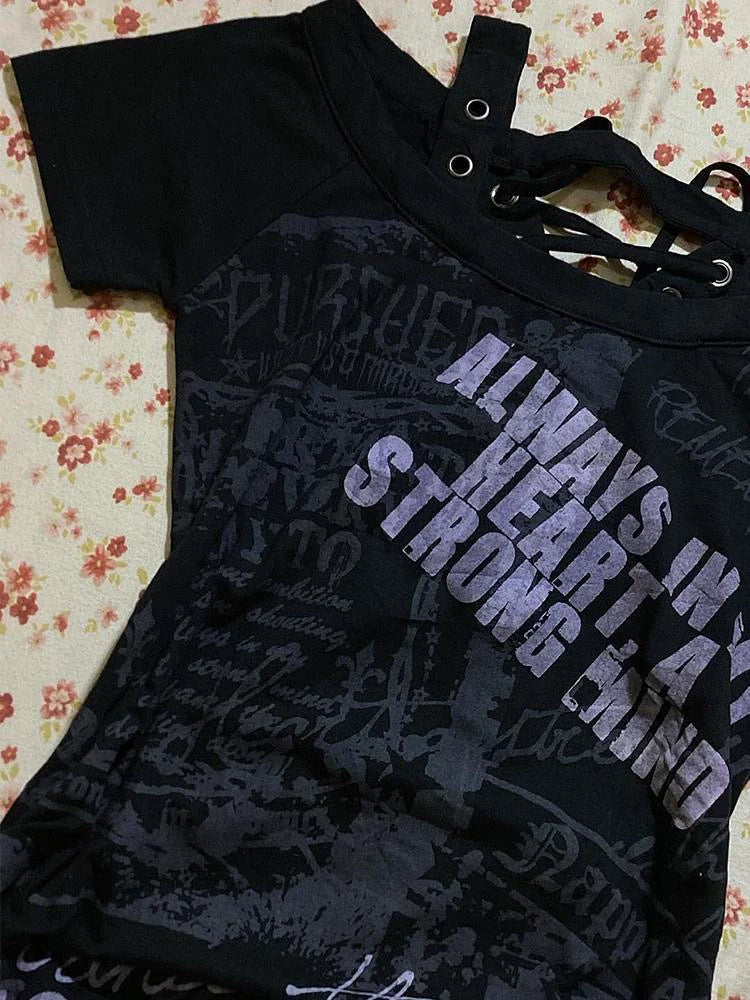 Black Subculture Punk Y2K E-girl Retro Print Drawstring Slim-Fit Waist Short Sleeve Top