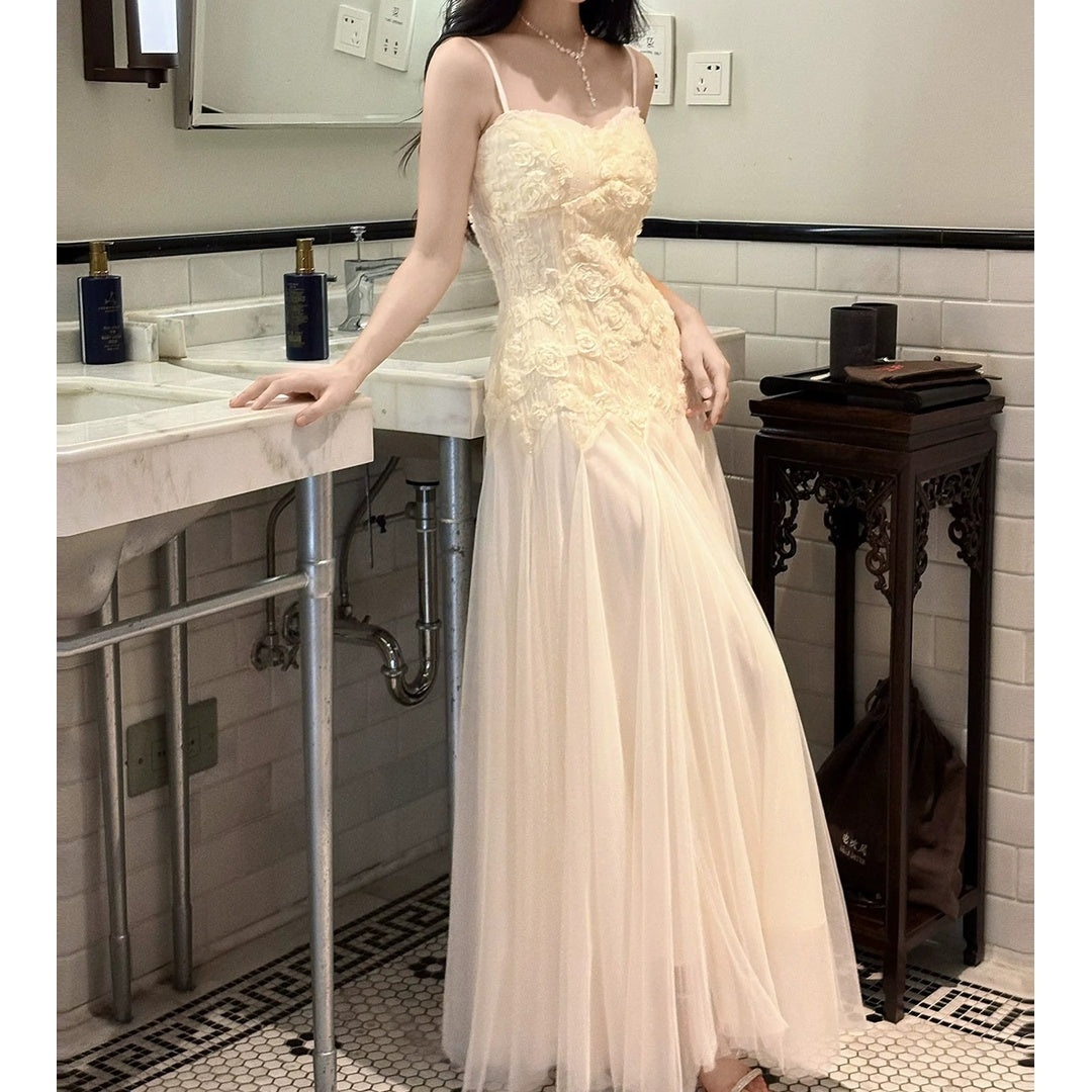 French 3D Flower Heavywork Spaghetti Strap Gown Dress