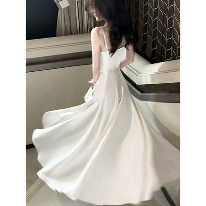 French Satin Spaghetti Strap Engagement Birthday Gown Dress