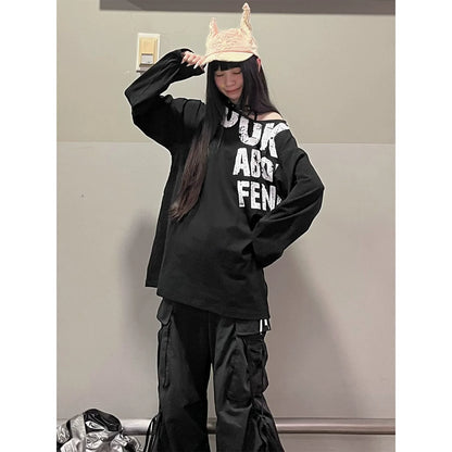 American Vintage Off-Shoulder Long Sleeve Tee  Distressed Letter Print Loose Hot Girl Top