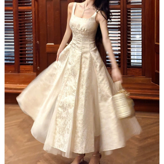 Floral Jacquard Mesh Tank Gown Prom Dress