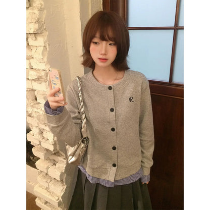 Korean Plaid Layered Cardigan Hoodie  Two-Piece Effect Sweatshirt Preppy Outerwear