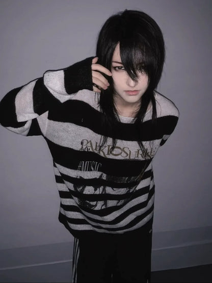 Visual Kei Black & White Striped Sweater Autumn-Winter Portrait Print Knit Top