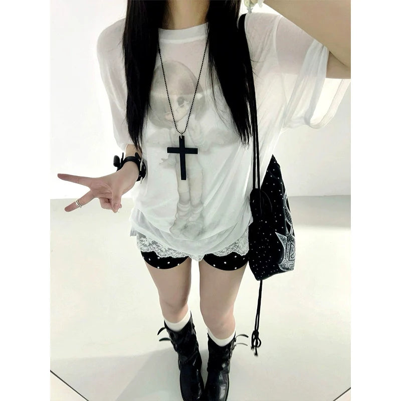 Y2K White Angel Sheer Tee Otaku Soft Mesh Layer Top